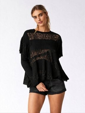 Free People Snowfall Lace Ruffle Tunic Top In Black New Size XS